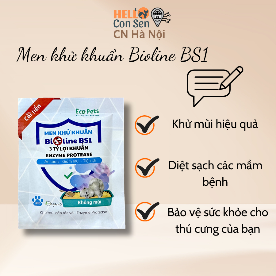 Combo 3 gói men khử khuẩn Bioline BS1 ECOPETS, khử khuẩn, khử mùi hiệu quả cát vệ sinh cho chó mèo - 30g