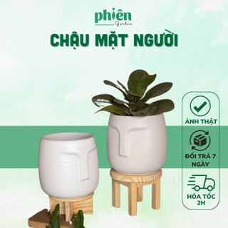 Chậu gốm tráng men Bát Tràng trồng cây mini, Chậu Mặt Người trồng cây để bàn