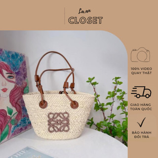 Túi cói đi biển vintage tag gỗ quai da size nhỏ - La.an closet
