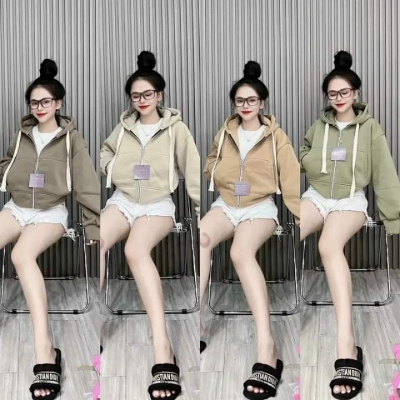 Áo Khoác Nỉ CROPTOP Dáng Ngắn Mũ 2 Lớp Form Rộng