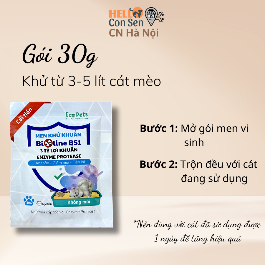 Combo 3 gói men khử khuẩn Bioline BS1 ECOPETS, khử khuẩn, khử mùi hiệu quả cát vệ sinh cho chó mèo - 30g