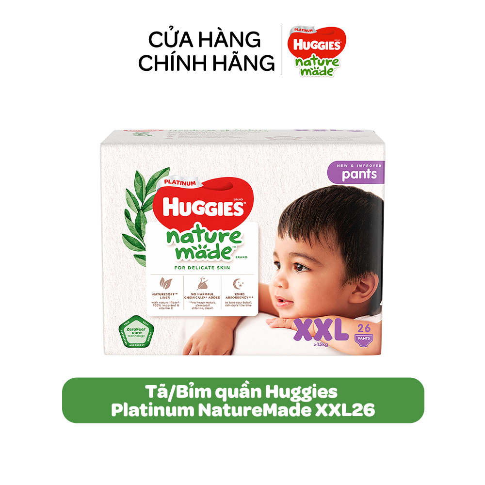 Tã/Bỉm quần Huggies Platinum NatureMade XXL26 (Trên 15kg)-Gói Jumbo 26 miếng