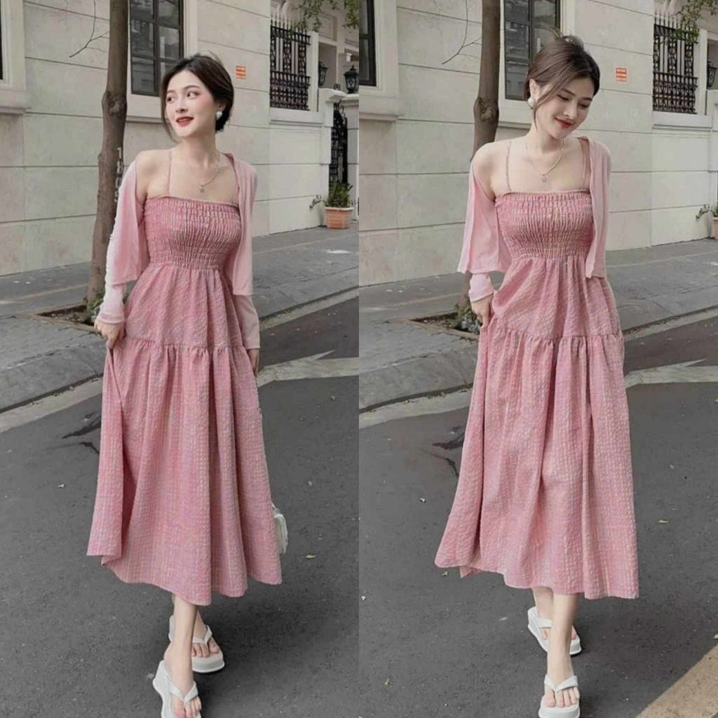 Đầm dập ly ngực thân trước vải caro xốp, sau kèm áo khoác thun gân trang trọng