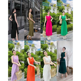 Đầm đũi sát nách xoắn bụng xẻ tà dáng dài xoè! transstore