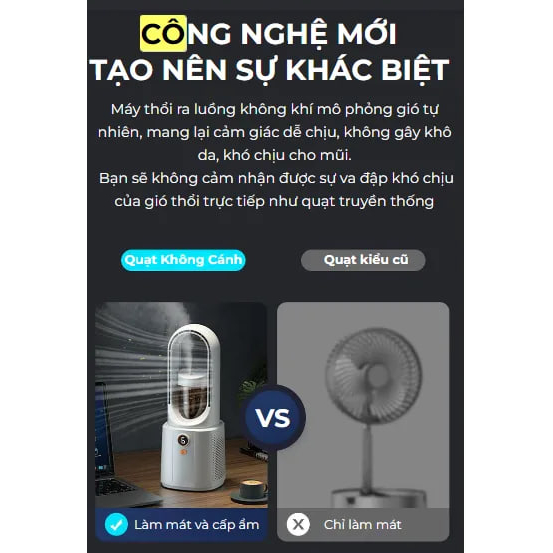 Quạt Tích Điện Không Cánh Phun Sương, Quạt Mini Để Bàn Làm Mát 6 Chế Độ Kèm Màn Hình LED Thời Trang