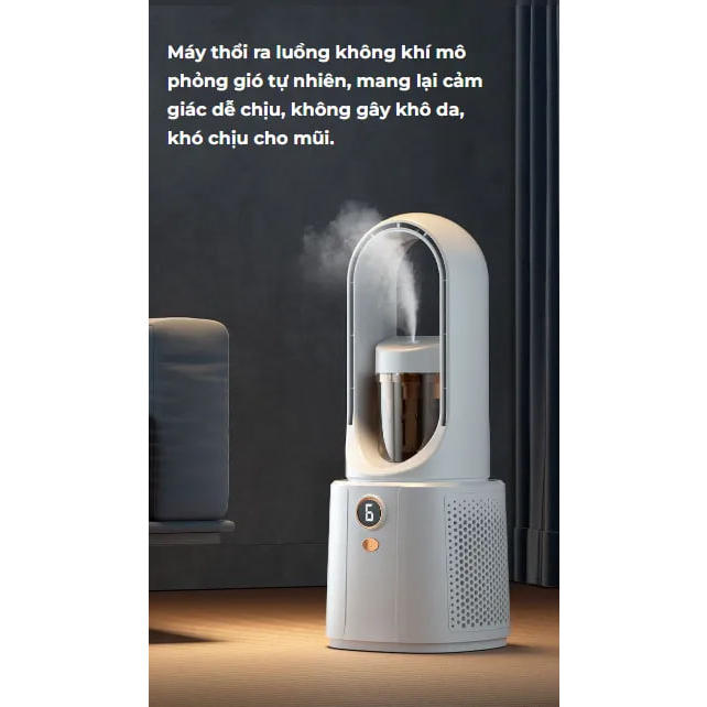 Quạt Tích Điện Không Cánh Phun Sương, Quạt Mini Để Bàn Làm Mát 6 Chế Độ Kèm Màn Hình LED Thời Trang