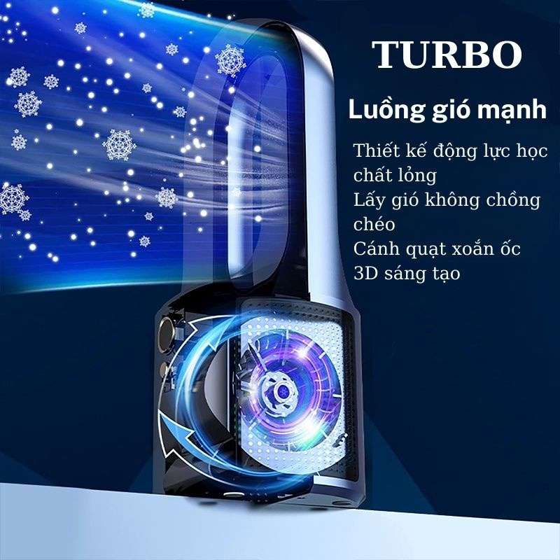 Quạt Tích Điện Không Cánh Phun Sương, Quạt Mini Để Bàn Làm Mát 6 Chế Độ Kèm Màn Hình LED Thời Trang
