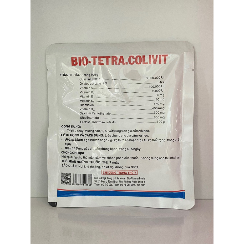 BIO - TETRA.COLIVIT 100g Chuyên Dùng Để Úm Gà, Vịt, Cút Con - Tiêu Chảy Phân Trắng, E.Coli, Viêm Rốn