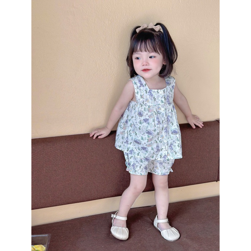 Bộ ba lỗ cho bé gái áo dáng babydoll quần nhún bèo dễ thương