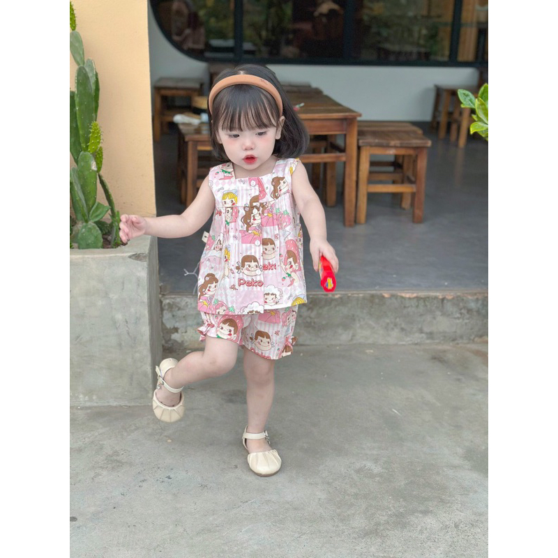 Bộ ba lỗ cho bé gái áo dáng babydoll quần nhún bèo dễ thương