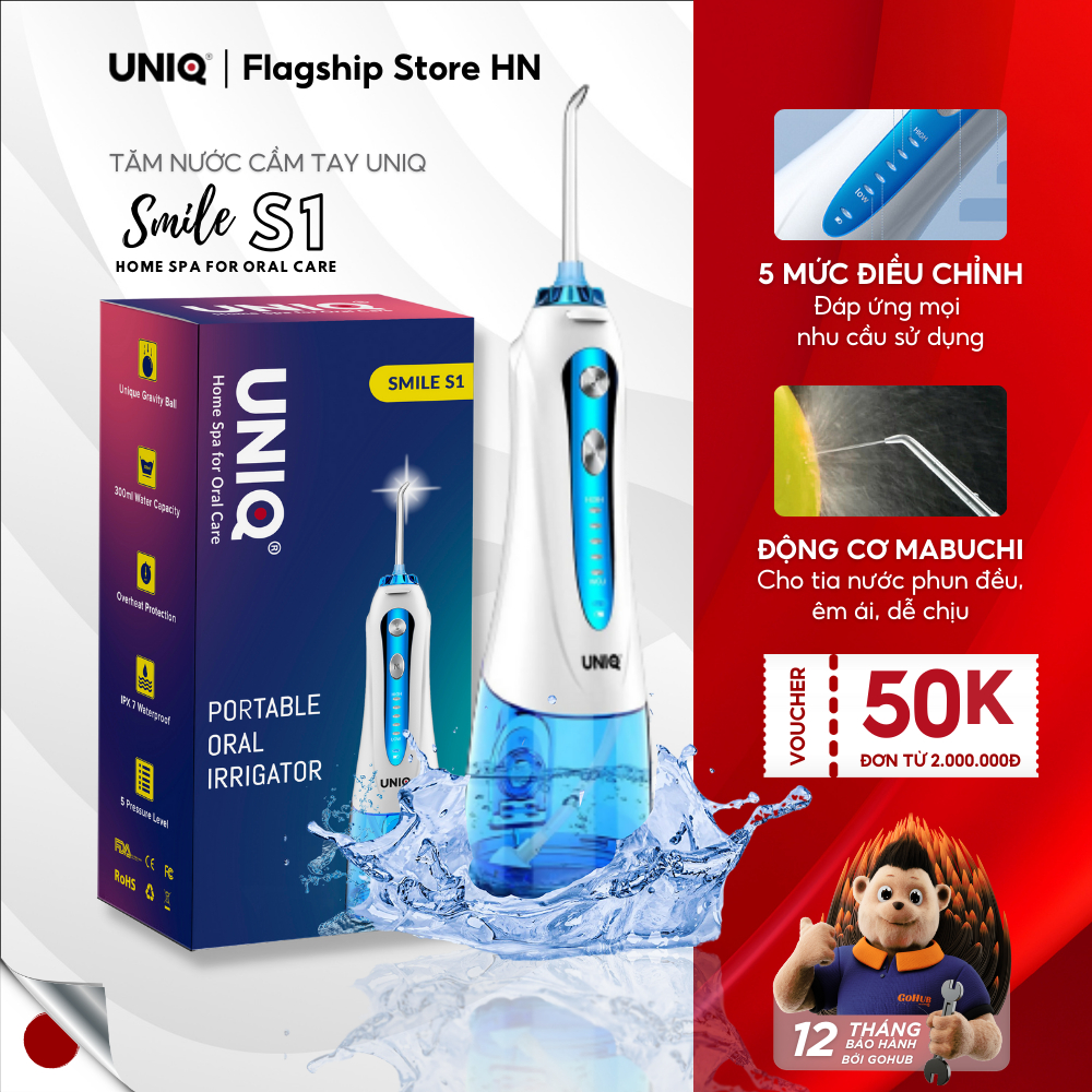 Tăm nước cầm tay UNIQ Smile S1 waterpik động cơ Nhật Bản siêu bền máy vệ sinh răng miệng xịt rửa làm sạch kẽ niềng 300ml