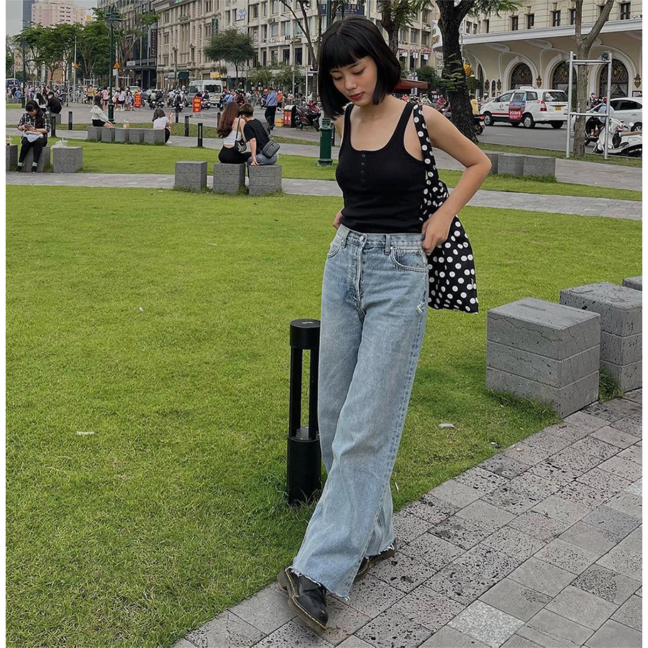 TheBlueTshirt - Áo Ba Lỗ Nữ Nút Cài Màu Đen - New Icon Tank- Black