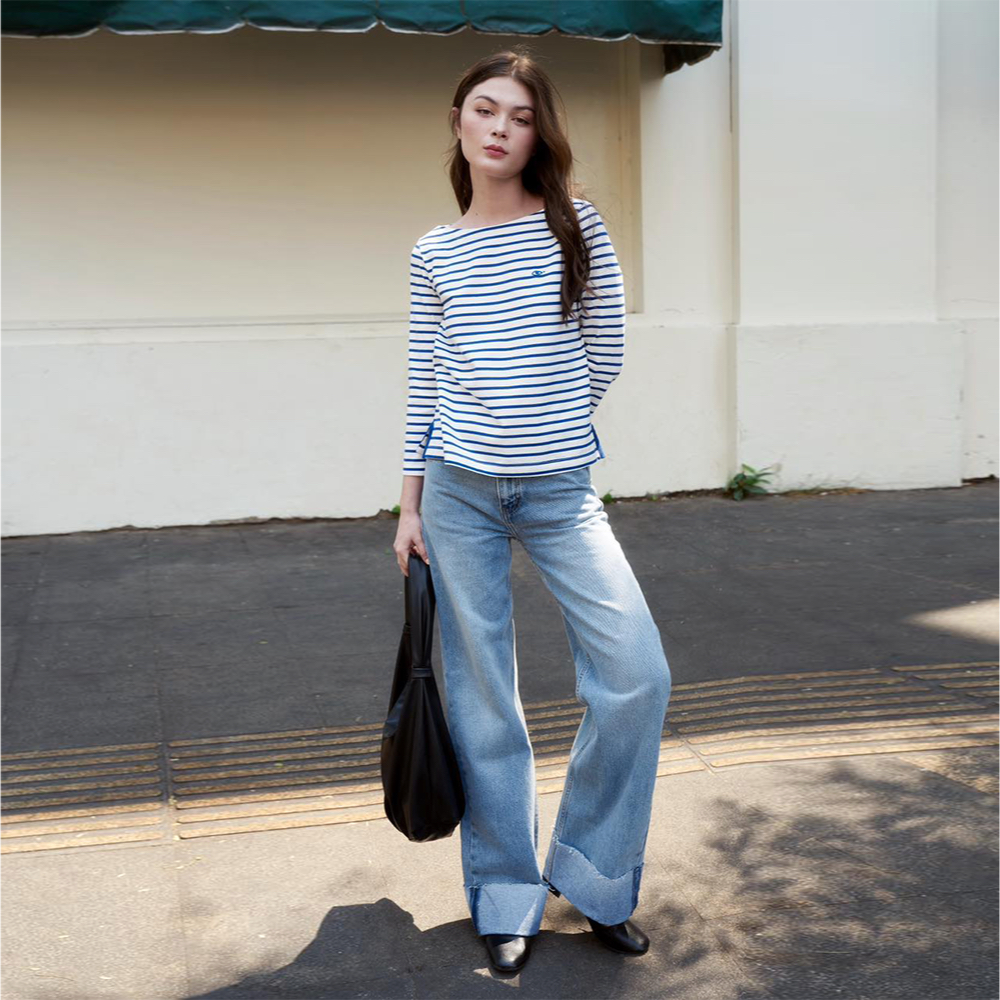 TheBlueTshirt-Áo thun tay dài sọc xanh có thêu con mắt-No.1 Long Sleeve T - Signature Blue Stripe