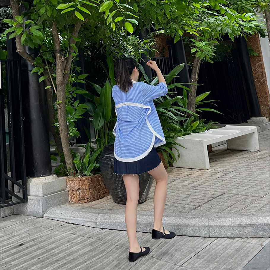 TheBlueTshirt-Áo sơ mi oversize nữ màu xanh biển-MODERN ARC OVERSIZED SHIRT - CCR BLUE STRIPE