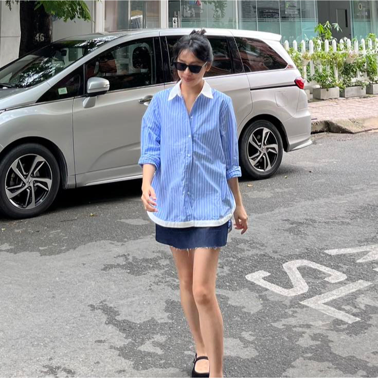 TheBlueTshirt-Áo sơ mi oversize nữ màu xanh biển-MODERN ARC OVERSIZED SHIRT - CCR BLUE STRIPE