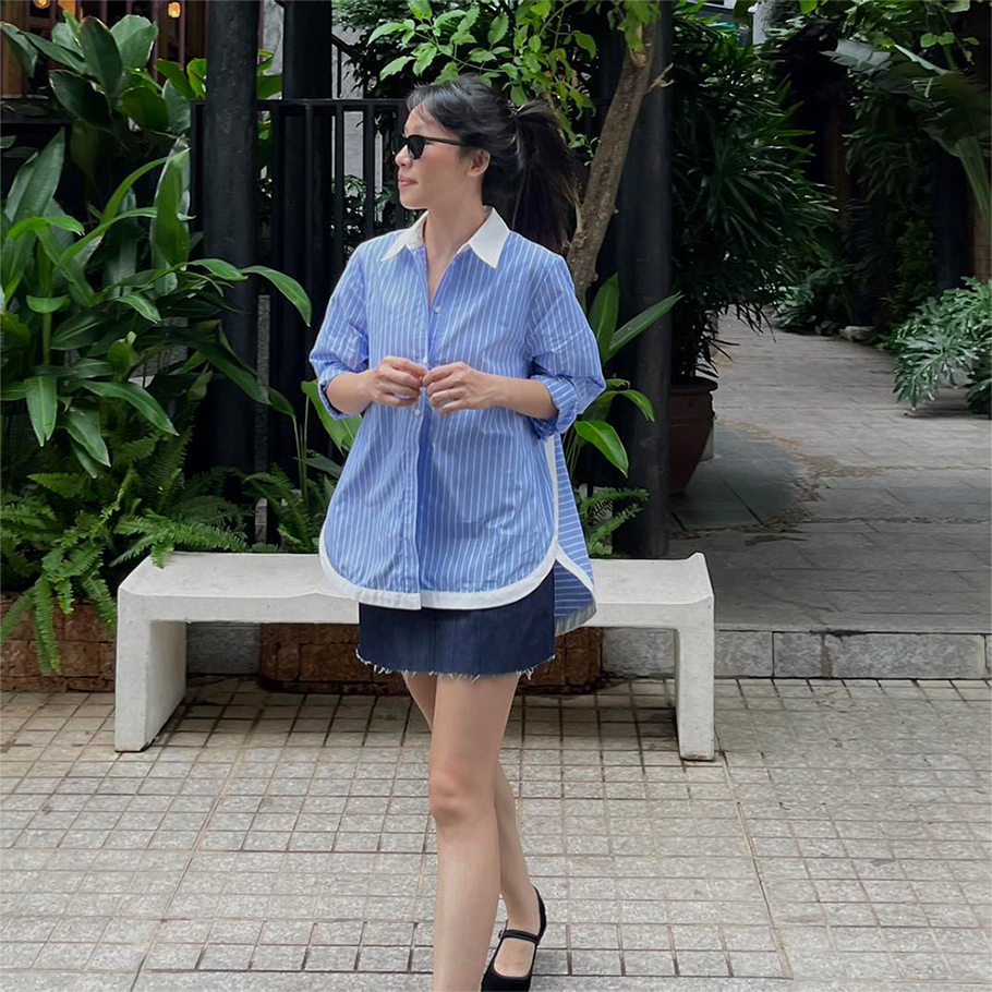 TheBlueTshirt-Áo sơ mi oversize nữ màu xanh biển-MODERN ARC OVERSIZED SHIRT - CCR BLUE STRIPE