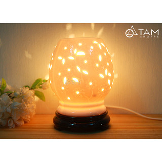 Đèn xông tinh dầu gốm trắng họa tiết lá [Tặng bóng đèn] DXTDD-GOM-HTL_ĐXTD