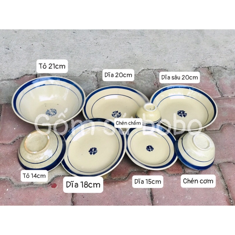 Chén cơm + dĩa lót chỉ xanh hàng mộc thường