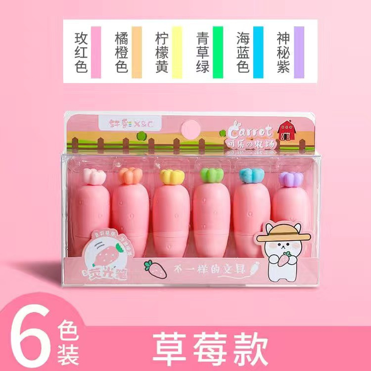 Bút highlight dạ quang sét 6 bút nhớ dòng 6 màu pastel họa tiết dễ thương dùng để đánh dấu nhớ dòng