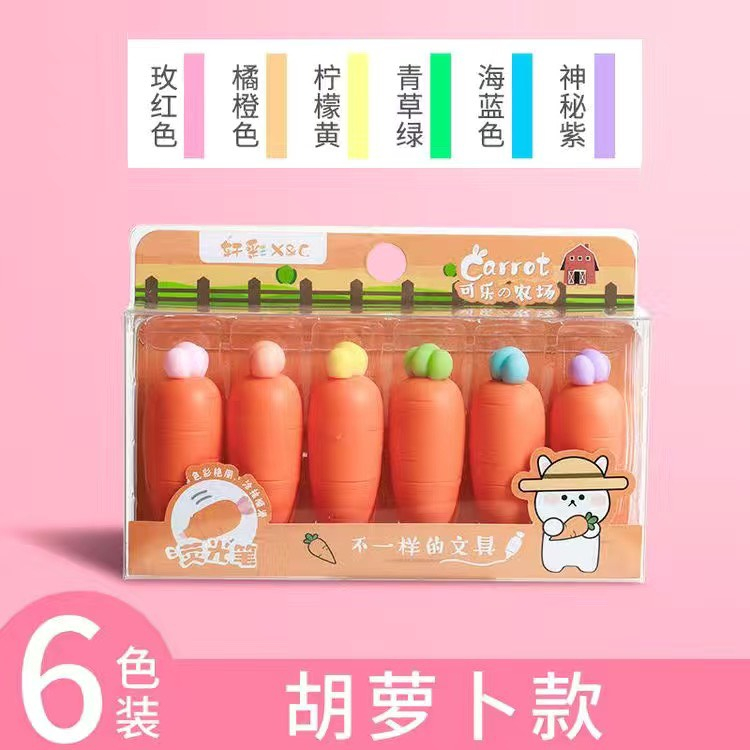 Bút highlight dạ quang sét 6 bút nhớ dòng 6 màu pastel họa tiết dễ thương dùng để đánh dấu nhớ dòng