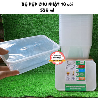 [KM 1 Túi 50 muỗng 15cm] Bộ 10 hộp nhựa chữ nhật 550ml kèm nắp đựng thực phẩm (dùng được cho lò vi sóng)
