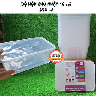 [KM 1 Túi 50 muỗng 15cm] Bộ 10 hộp nhựa chữ nhật 650ml kèm nắp đựng thực phẩm (dùng được cho lò vi sóng)