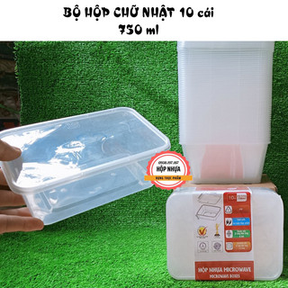 [KM 1 Túi 50 muỗng 15cm] Bộ 10 bộ hộp nhựa chữ nhật 750ml kèm nắp đựng Thực Phẩm (dùng được cho lò vi sóng)