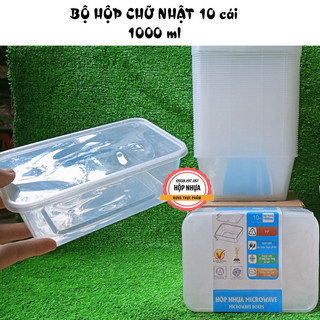 [KM 1 Túi 50 muỗng 15cm] Bộ 10 hộp nhựa chữ nhật 1000ml kèm nắp đựng Thực Phẩm (dùng được cho lò vi sóng)