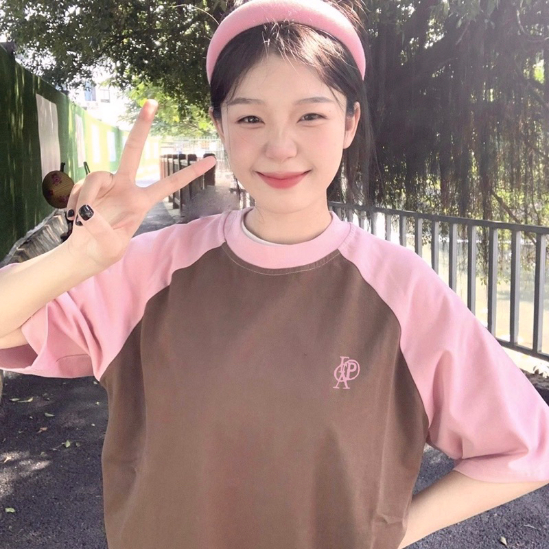 Áo thun phông Raglan logo tay PINK tay lỡ form rộng Thêu FPA Unisex