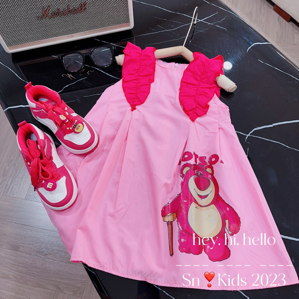 Váy gấu dâu lotso mềm mát may tay bèo điệu đà cho bé gái