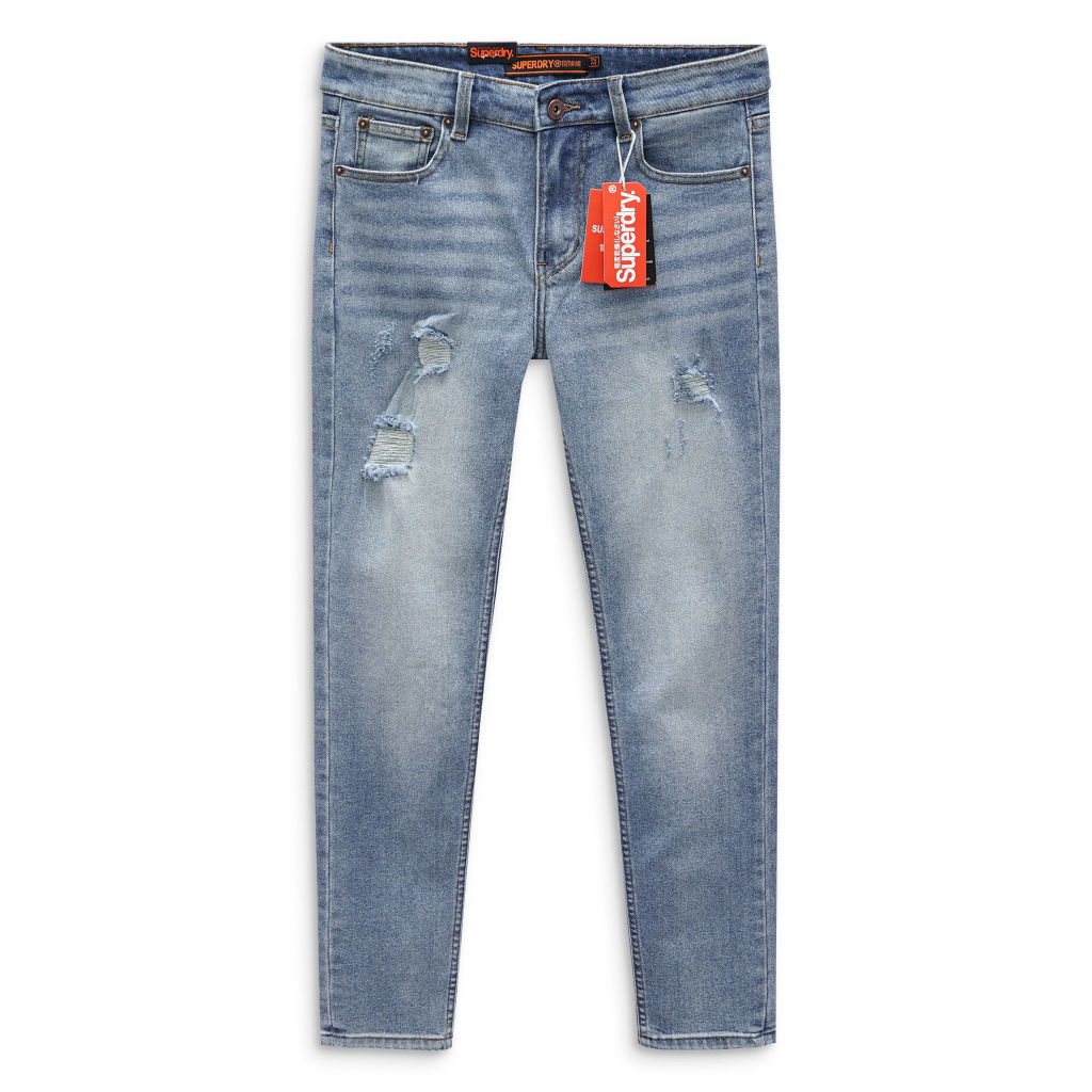 Quần Jean Superdry chuẩn form slimfit ống thẳng ôm chân vải chính phẩm dày dặn có thun co dãn rách xanh nhạt