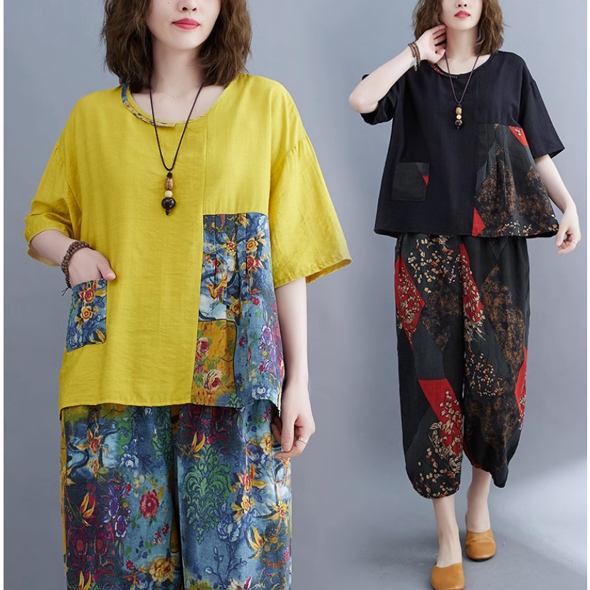 A502 Bộ đồ bigsize freesize thời trang họa tiết hoa văn màu sắc nổi bật , tôn da, tôn dáng