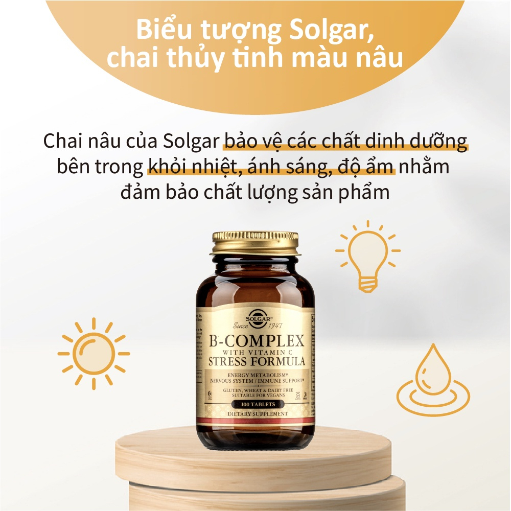 Viên Uống B-COMPLEX WITH C SOLGAR -  Bổ Sung VITAMIN B và VITAMIN C - Giảm Căng Thẳng Mệt Mỏi 100 Viên