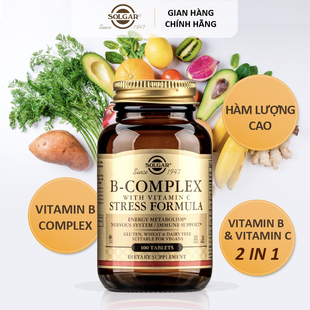 Viên Uống B-COMPLEX WITH C SOLGAR -  Bổ Sung VITAMIN B và VITAMIN C - Giảm Căng Thẳng Mệt Mỏi 100 Viên