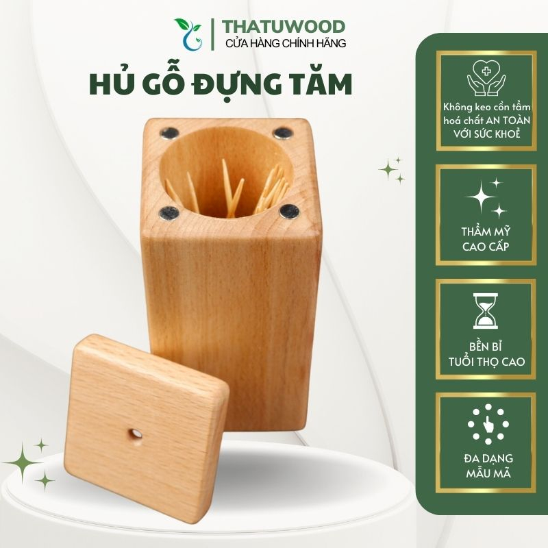 Hủ Tăm Gỗ Lọ Đựng Tăm Nắp Nam Châm Rời Cao Cấp Decor Trang Trí Bàn Ăn Phòng Khách - THATUWOOD