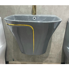 Lavabo treo tường màu xám viền vàng, chậu rửa mặt treo tường