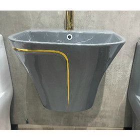 Lavabo treo tường màu xám viền vàng, chậu rửa mặt treo tường