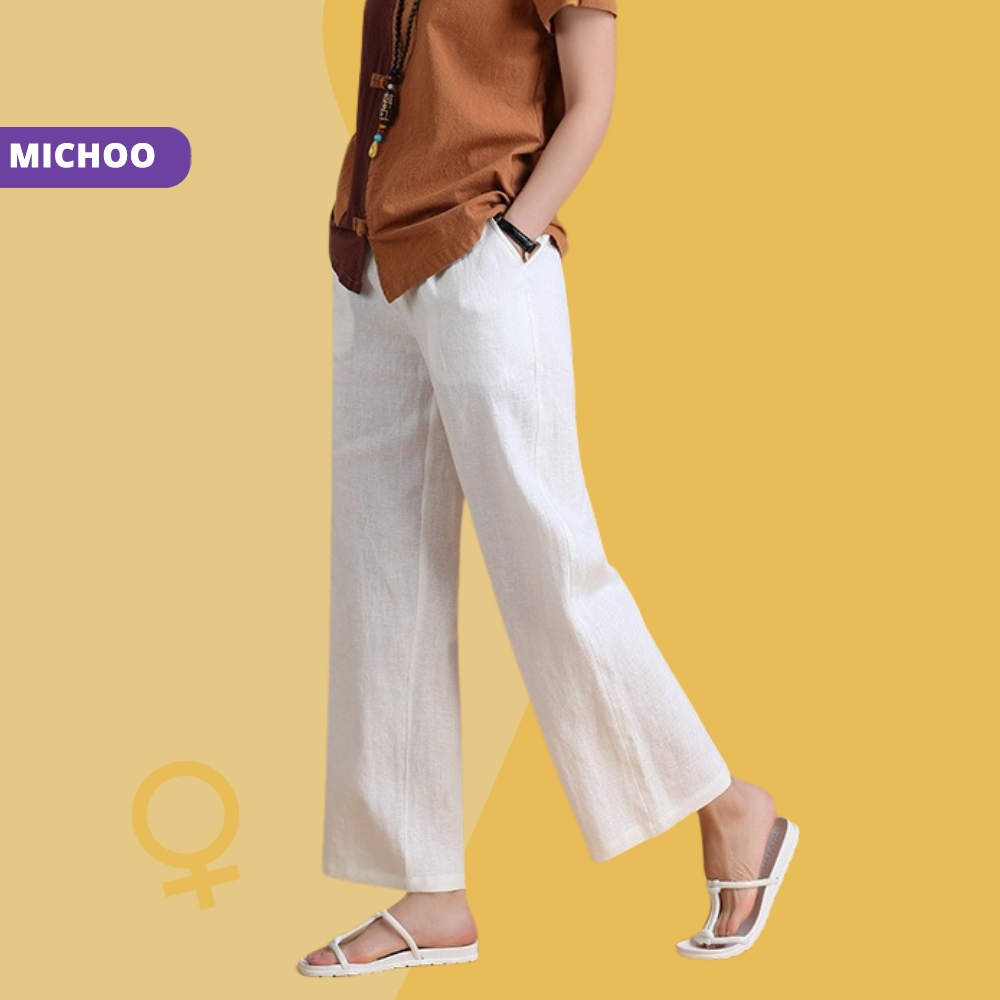 Quần Ống Rộng Dáng Dài Chất Liệu Linen Michoo Chất Mát  culottes đũi dáng dài quần ống rộng lưng chun sau