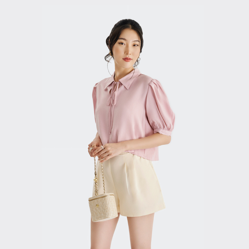 Áo kiểu croptop nữ MARC FASHION tay phồng thắt nơ cổ CBLH030823