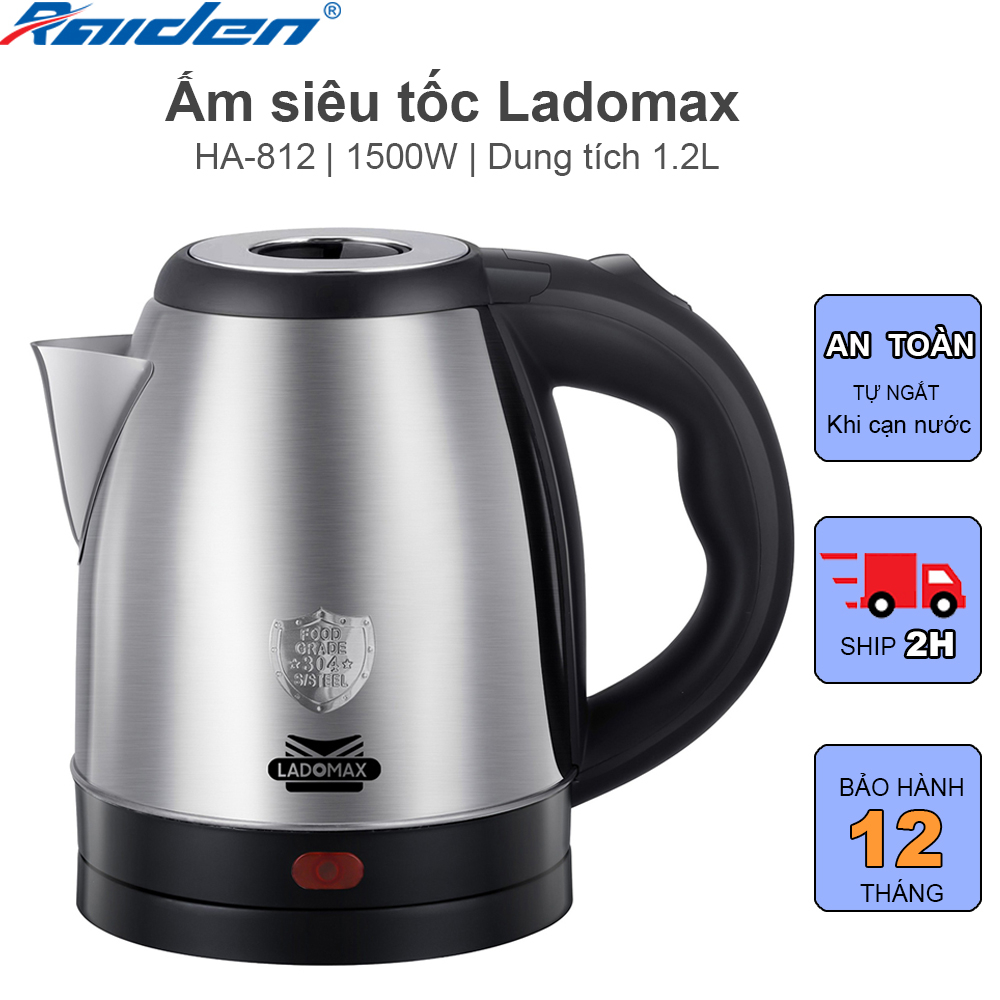 Ấm siêu tốc mini pha trà Ladomax HA-812 dung tích 1.2L, thân ấm bằng inox 304 không gỉ, tự ngắt an toàn khi hết nước