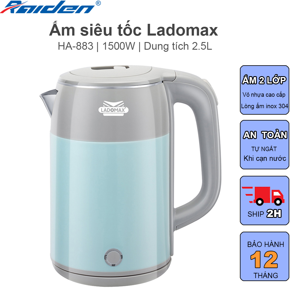 [Chính hãng] Ấm đun siêu tốc 2 lớp Ladomax HA-883 dung tích 2.5L, lòng ấm inox 304 không hoen rỉ
