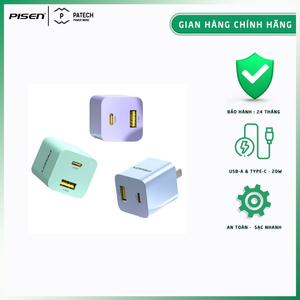 Sạc nhanh PISEN Quick QP 20W 2 cổng USB & Type-C, model: DM813CN, bảo hành 24 tháng - Hàng chính hãng