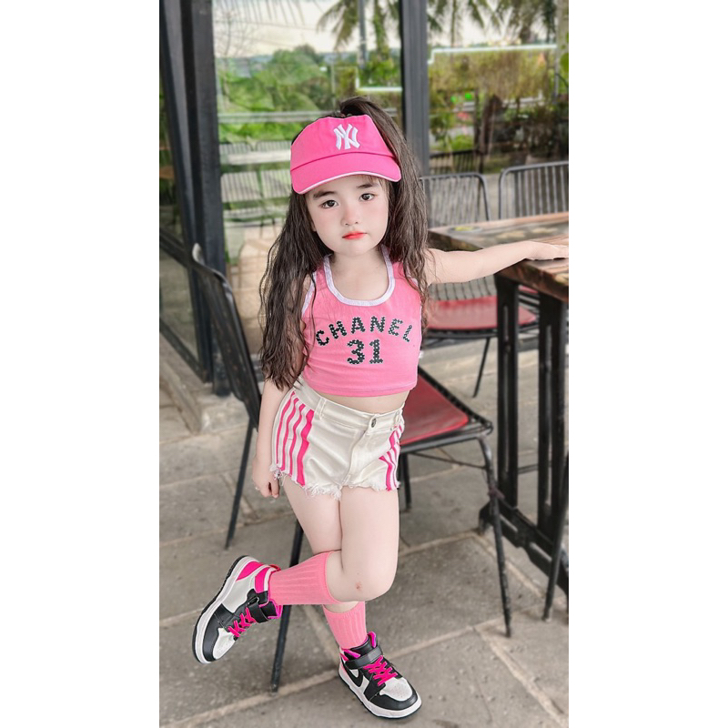 Sét quần kaki áo thun gai dây đen cho bé gái 7-40kg