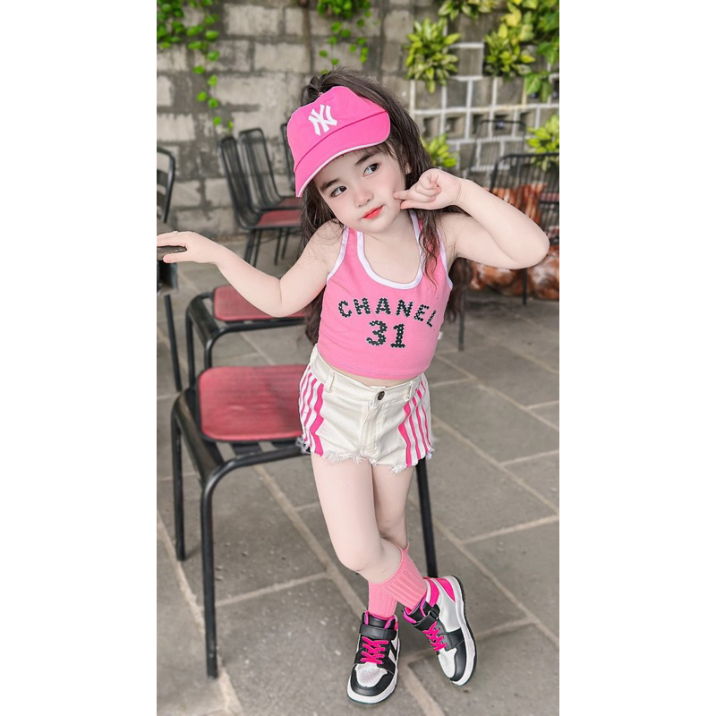 Sét quần kaki áo thun gai dây đen cho bé gái 7-40kg