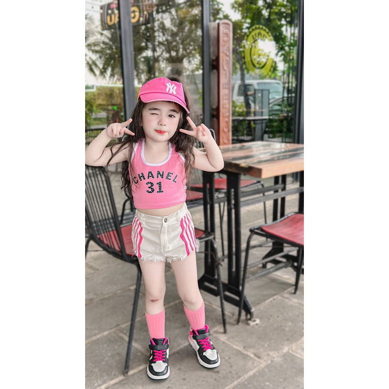 Sét quần kaki áo thun gai dây đen cho bé gái 7-40kg