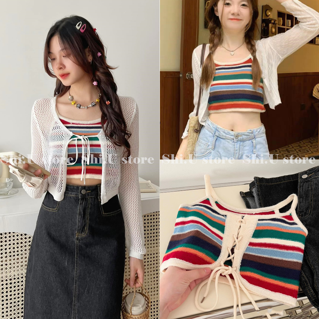 Set áo cardigan lưới mỏng buộc dây mix kèm áo len mongtoghi 2 dây cầu vồng siêu xinh