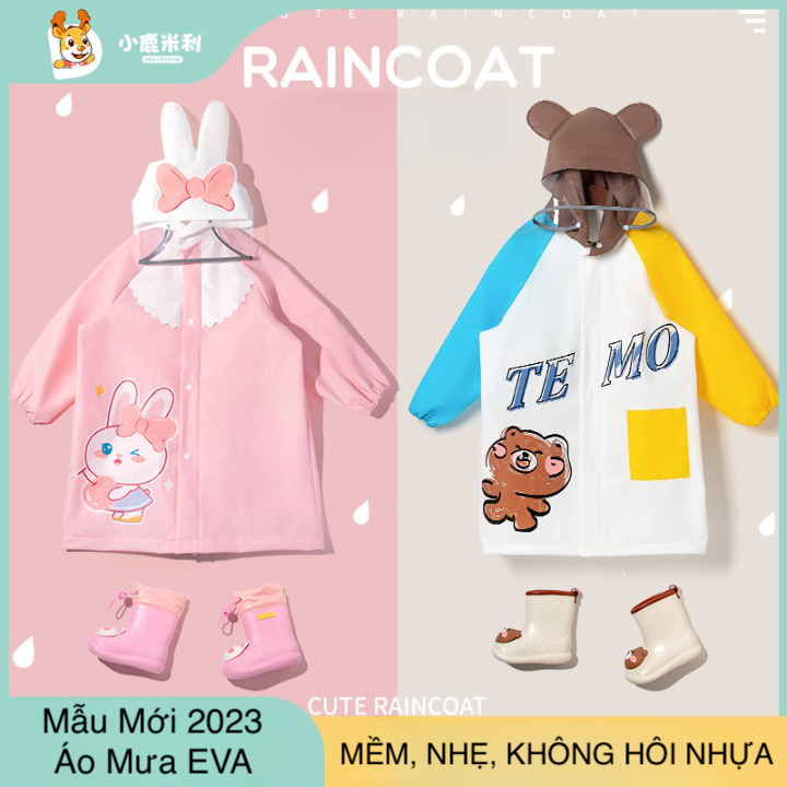 Áo mưa cho bé, áo mưa trẻ em cao cấp có mũ, thiết kế 3D, chất liệu EVA an toàn cho bé