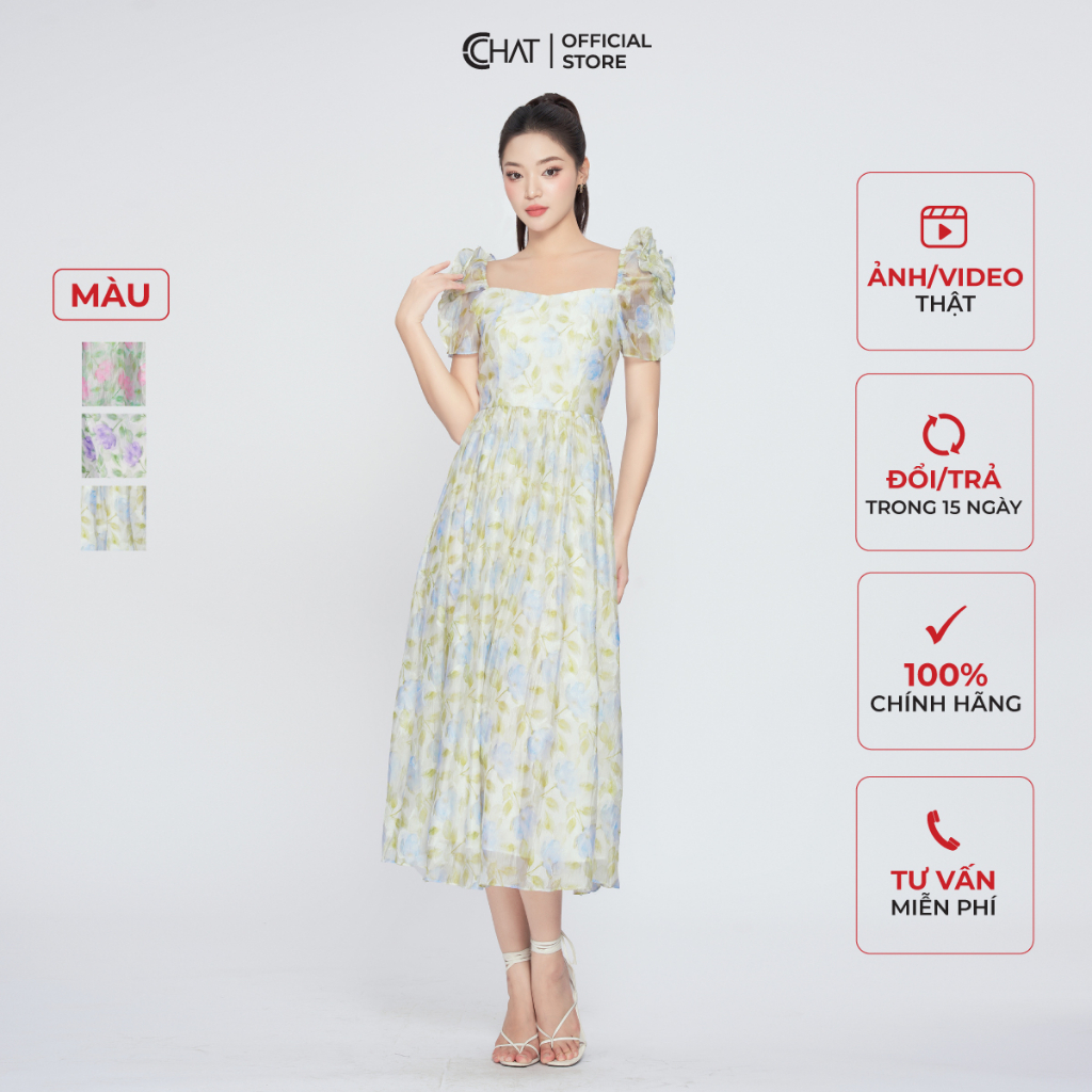 Đầm Nữ 𝐂𝐂𝐇𝐀𝐓 Họa Tiết Dáng Xòe Tay Hoa Chất Voan Bay Bổng 13VNV4003XT