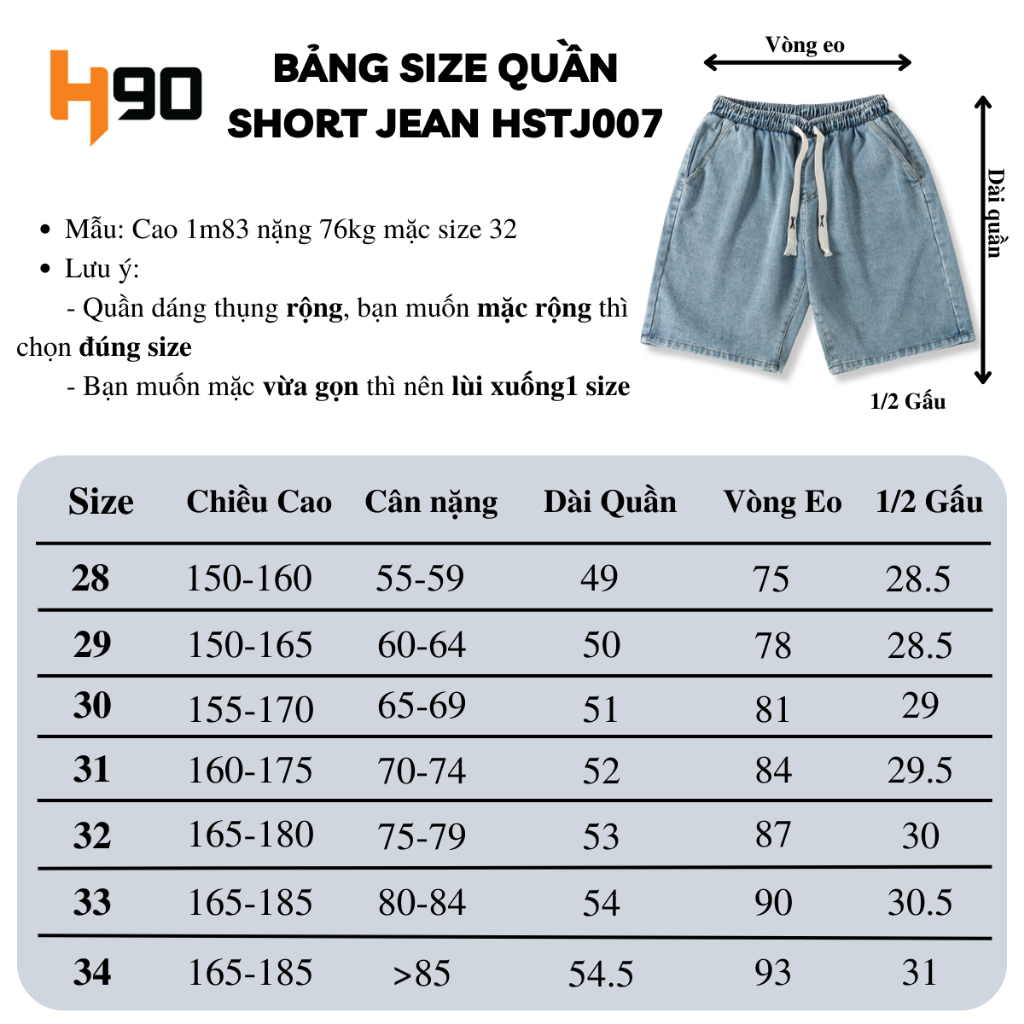 Quần Short Jean Nam H90 Cạp Chun Vải Bò Mềm Ống Suông Rộng Lưng Thun Dây Rút Trẻ Trung Năng Động HSTJ007