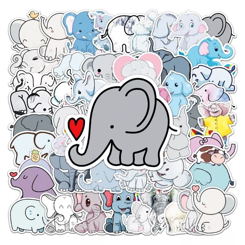 Set 50 miếng dán sticker voi đáng yêu dán nón mũ bảo hiểm laptop vali sổ tay đàn guitar điện thoại xe máy tủ lạnh
